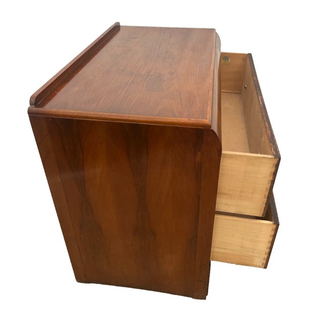 Brass Vintage Art Deco Style Dresser Chest Two Drawers Brass Pulls Waterfall Top For Sale - Image 8 of 13