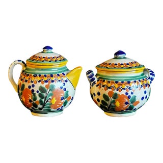 Early 20th Century Signed Ysauro Uriarte Mexican Talavera Sugar and Creamer For Sale