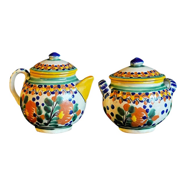 Early 20th Century Signed Ysauro Uriarte Mexican Talavera Sugar and Creamer For Sale