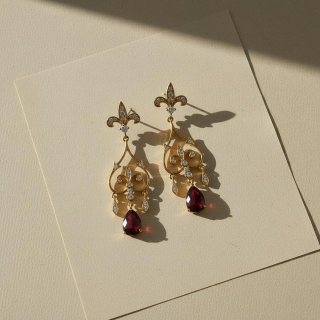 Not Yet Made - Made To Order Fleur De Lis Chandelier Earrings Studs With Garnet in Silver, Gold, A Pair For Sale - Image 5 of 6
