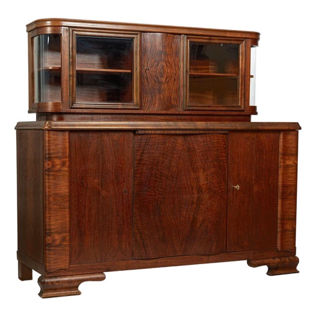 Art Deco Figured Walnut Sideboard Buffet or Bar Cabinet With Vitrine, Circa 1930 For Sale