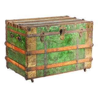 19th C. Trunk With Green Crystallized Tin Paneling For Sale