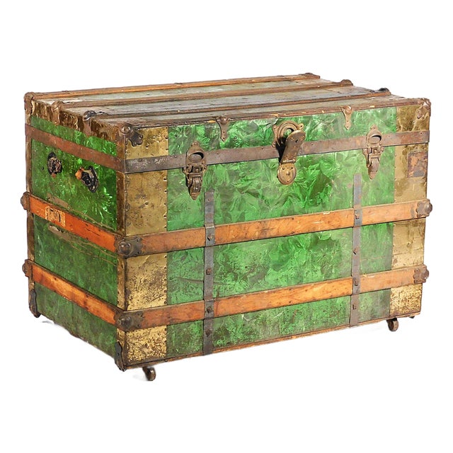 19th C. Trunk With Green Crystallized Tin Paneling For Sale