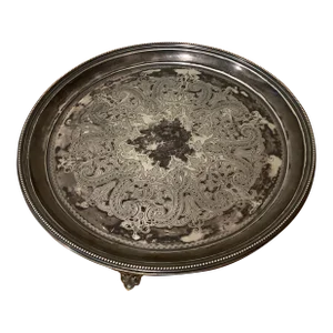 Vintage English Footed Silver-Plated Serving Tray With Scrolling Floral Motif