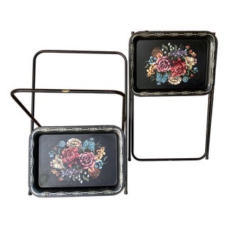 Early 20th Century Mid Century Modern Black Metal Serving Tray on Folding Stand by Crest Line For Sale