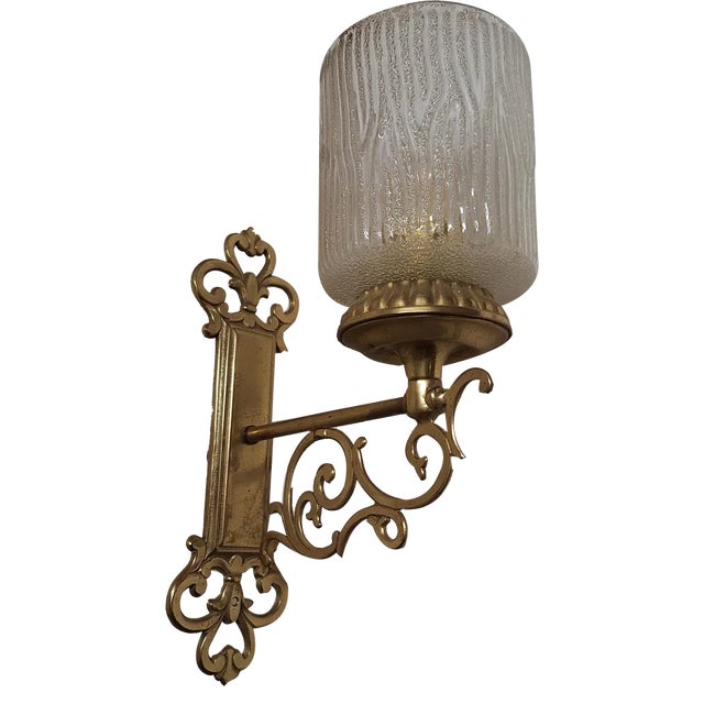 Vintage Wall Lamp with a Brass and Bronze Frame and a Fluted Glass Shade, 1970s For Sale