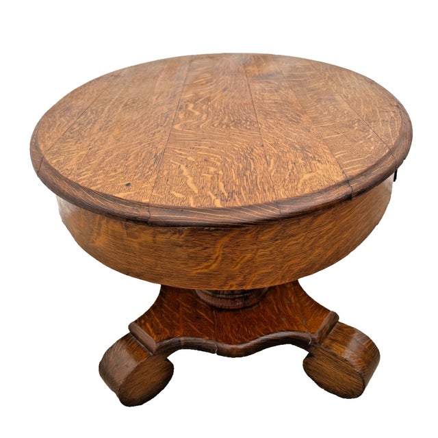 Wood Antique Oval Coffee Table, Tiger Oak, Drawer, Shelf, Petite Size, Empire Style For Sale - Image 7 of 11
