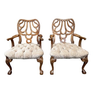 Exquisite Antique Late Victorian Rococo Revival Carved Walnut Armchairs - Pair For Sale