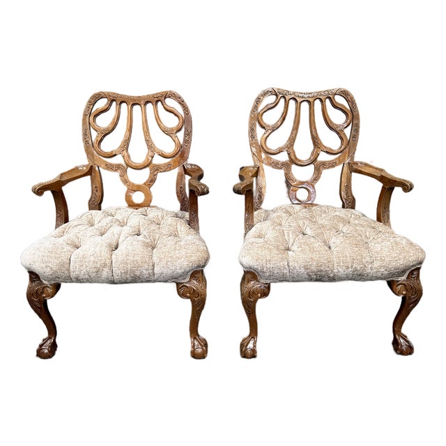 Exquisite Antique Late Victorian Rococo Revival Carved Walnut Armchairs - Pair For Sale