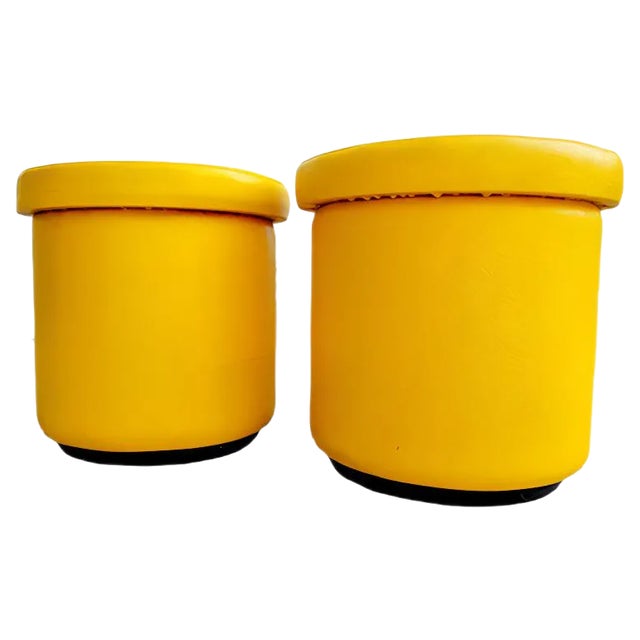 Set of Mid-Century Yellow Leather Poufs, Italy, 1980s For Sale
