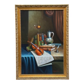 Heather European Still Life Oil Painting, Signed For Sale