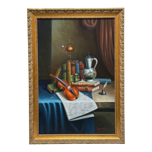 Heather European Still Life Oil Painting, Signed For Sale