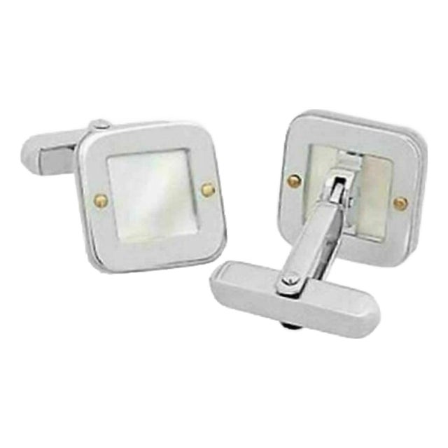 Mid 20th Century Pair of Baraka Mother of Pearl 18k Two Tone Gold Square Top Stud Cufflinks For Sale