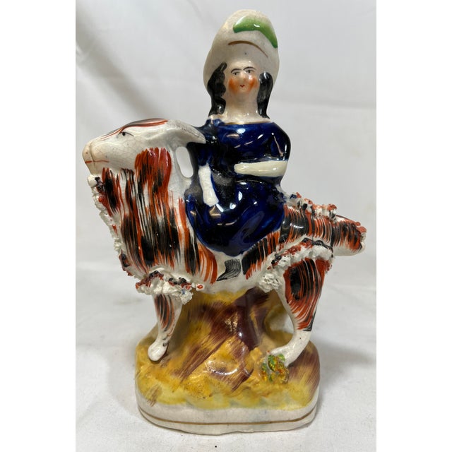 Ceramic Antique Pair of 19th Century Staffordshire Figurines Depicting Period Dressed Women Riding Goats - From England For Sale - Image 7 of 11