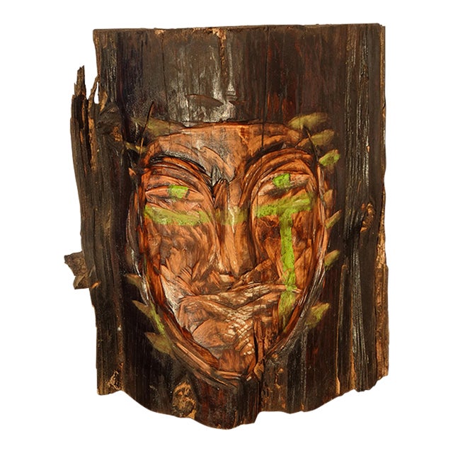 Vintage Hand Carved Face on a Wooden Log ~ Decorative Decor For Sale
