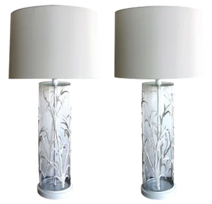 American Cylindrical Glass Lamps With Applied Bamboo Decoration - a Pair