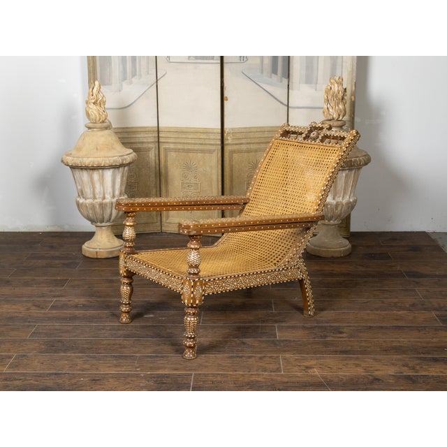 Early 20th Century Anglo-Indian Inlaid Plantation Chair with Scrolling Foliage and Extending Arms For Sale - Image 10 of 12