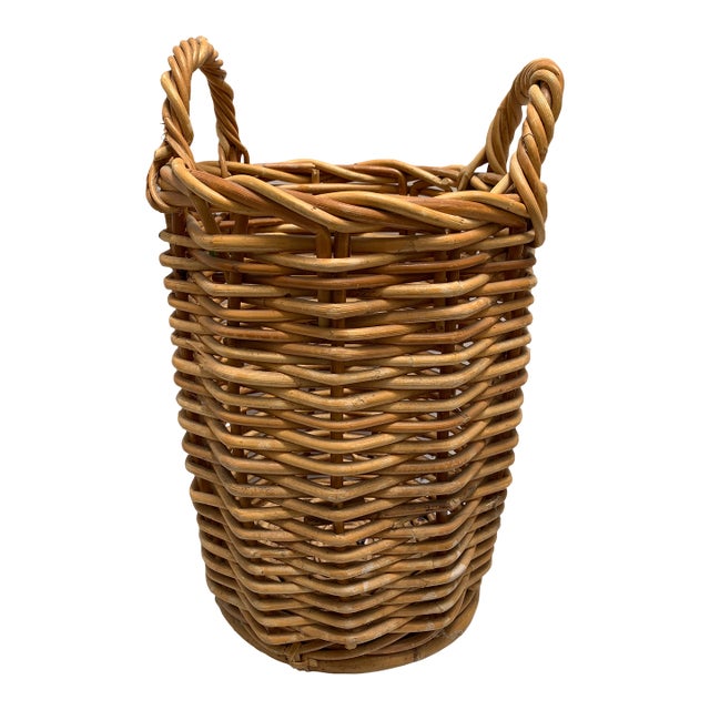 Vintage Tall Rustic Wood Woven Decor & Storage Basket For Sale