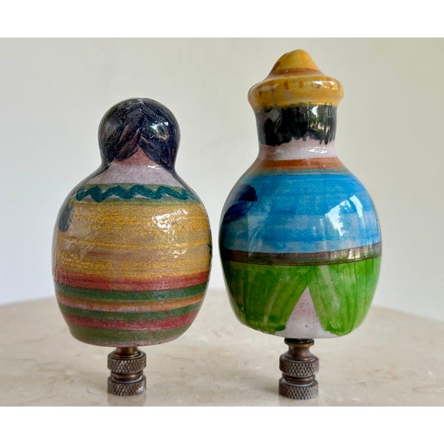 Mexican Pottery Figural Lamp Finials on Bronze Hardware - A Pair For Sale - Image 4 of 8