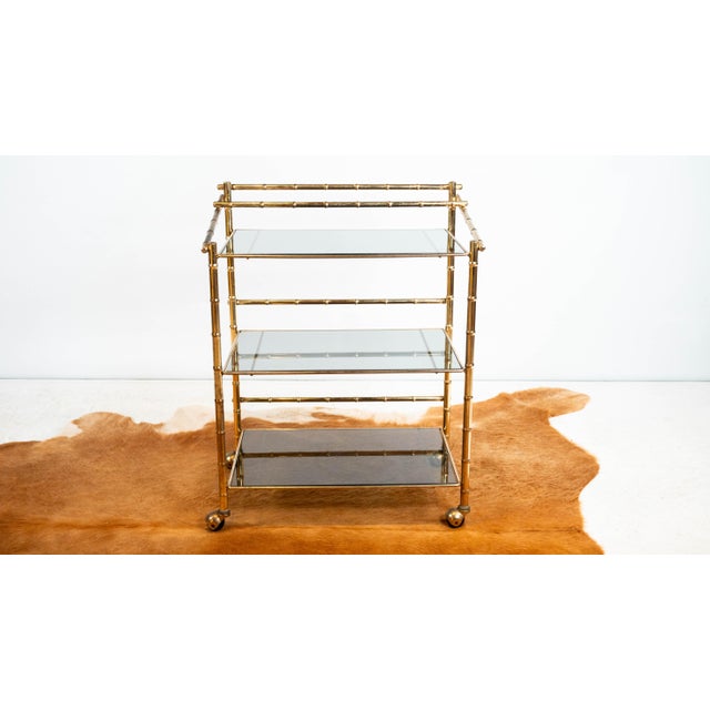 Glass Vintage Mid Century Brass & Smoked Glass Bar Cart, C. 1970s For Sale - Image 7 of 17
