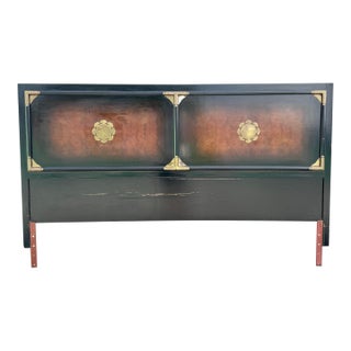 Vintage Chinese Burlwood and Brass King Headboard For Sale
