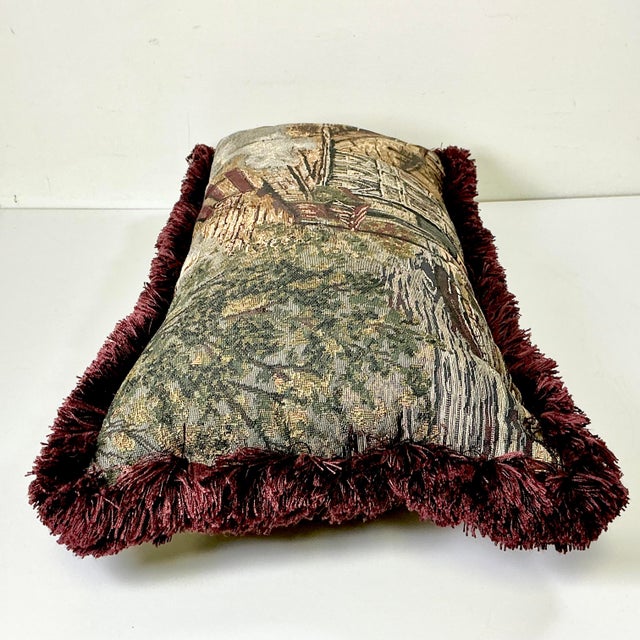 1980s Vintage Rustic European Boho Chic Tapestry Style Fringed Lumbar Decorative Pillow For Sale - Image 10 of 13