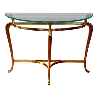 1970s Regency Demilune Solid Brass and Glass Console Table For Sale