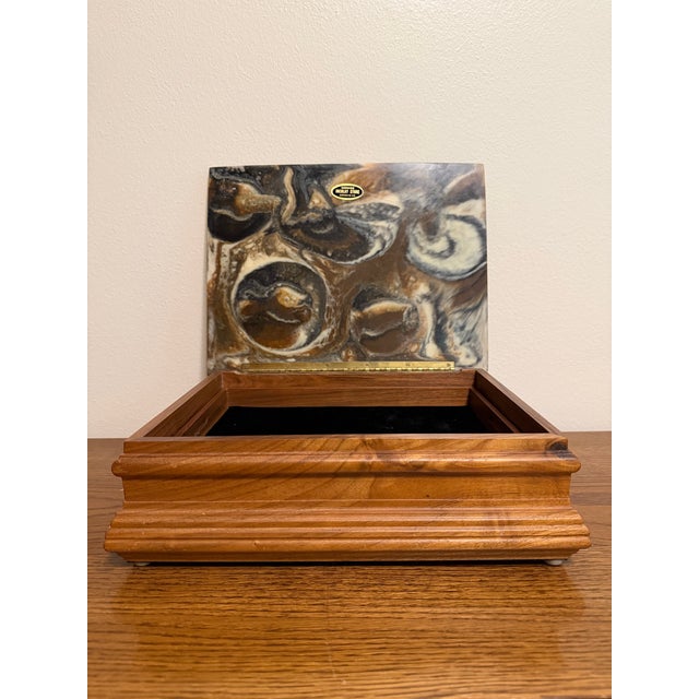 American Vintage Genuine Incolay Stone Dogs Playing Poker Jewelry Chest Walnut Box With Tray For Sale - Image 3 of 7