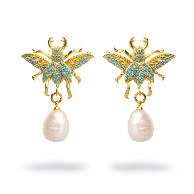 Turquoise Divine Connection Queen Bee Turquoise & Gold Chunky Earrings, A Pair For Sale - Image 8 of 8