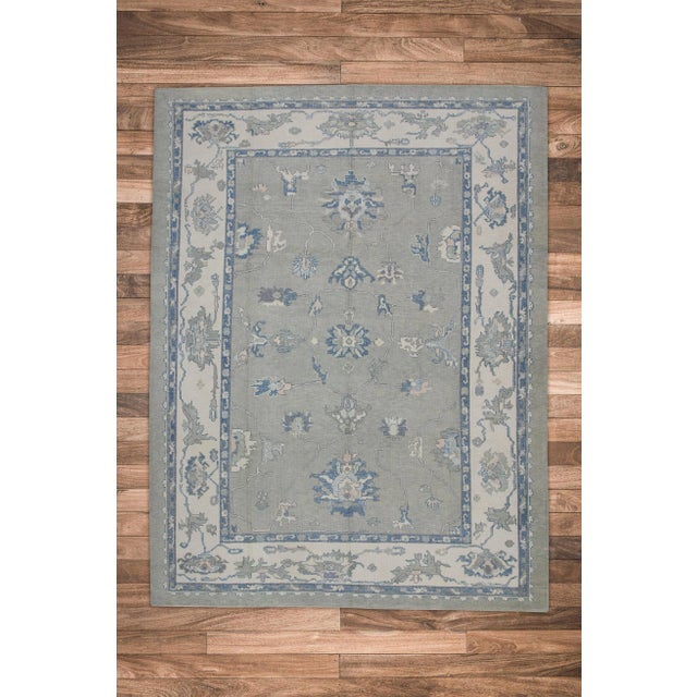 Textile Early 21st Century Gray & Blue Floral Design Handwoven Wool Turkish Oushak Rug 9'1" X 12' For Sale - Image 7 of 8