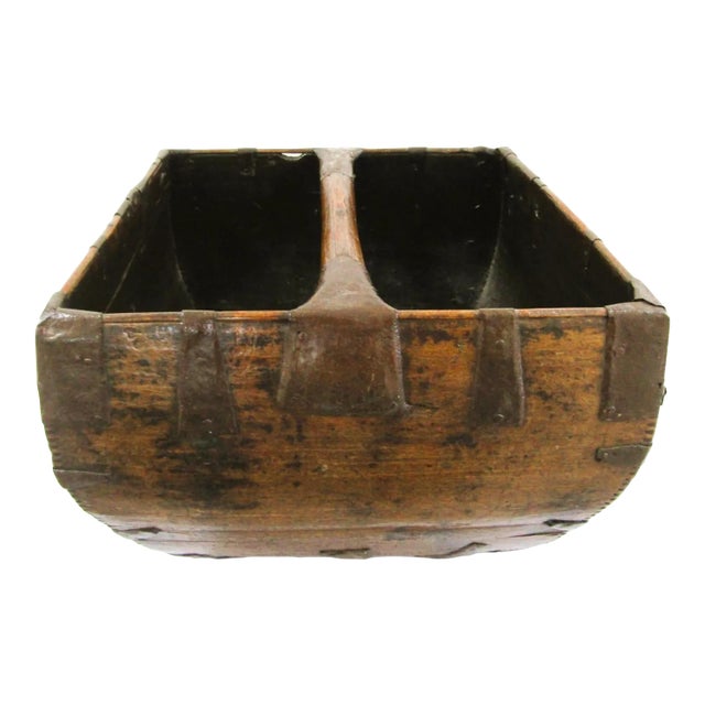 Late 19th Century Antique Chinese Primitive Wood and Iron Rice Grain Harvest Basket Bucket Trug For Sale