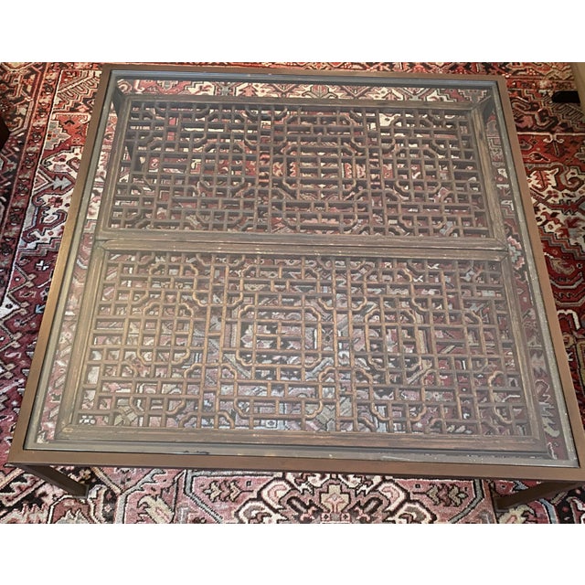 Modern 1980s Glass-Top Coffee Table Decorated Beneath With Antique Chinese Lattice Window Panels For Sale - Image 3 of 10