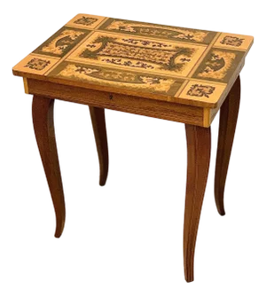 Vintage 1960’s Italian Marquetry Inlaid Musical Side Table, Jewelry Box With Cabriole Legs