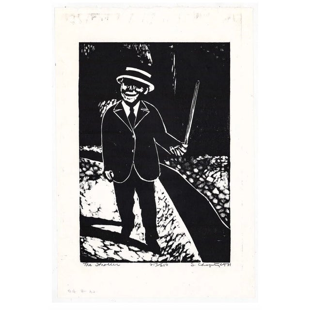 Sidney Chafetz (Ohio, 1922-2013. "The Stroller" woodblock or linocut dated 1971. He was an Ohio State University professor...