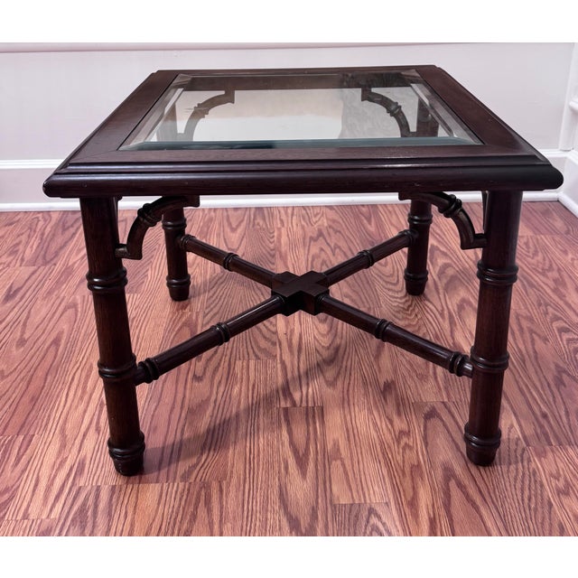 Chinoiserie Vintage Chinoiserie Chippendale Style Mahogany Solid Wood, Glass & Brass Finish Side Table For Sale - Image 3 of 12