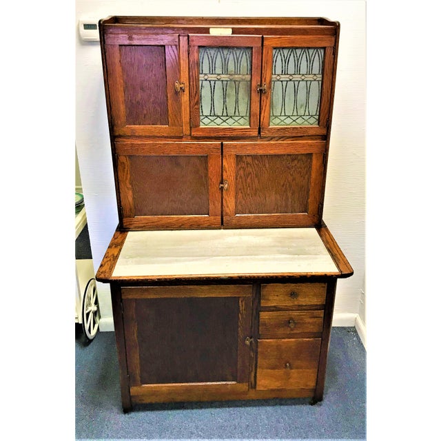 Antique Oak Hoosier With Original Makers Tag, Glass Doors and