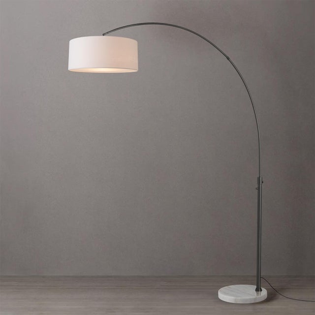 Nova 1960s Mid Century 1-Light Float Floor Lamp - 92" Arc Lamp, Black Nickel, White Linen Drum Shade, White Marble Base, Dimmable, Reading Nook For Sale - Image 4 of 4