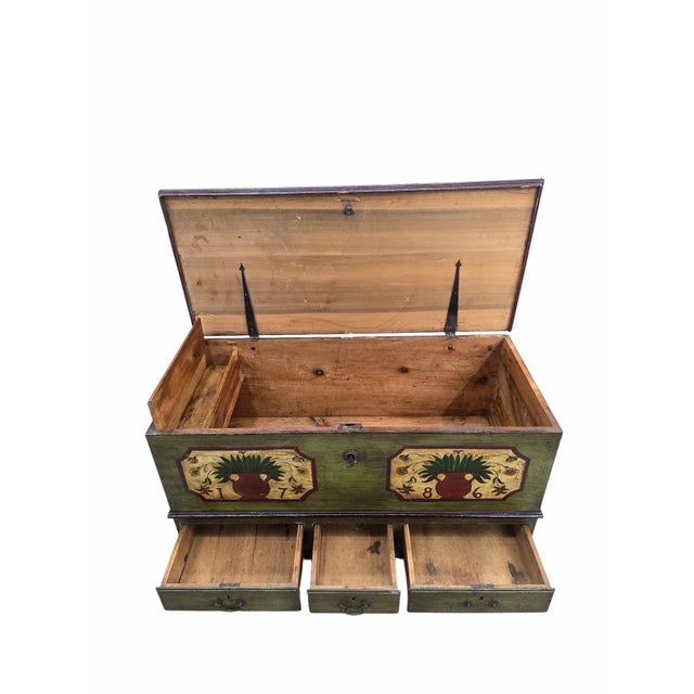 Wood Antique Pennsylvania Dutch Folk Art Painted Blanket Chest / Hope Chest Dated 1786 For Sale - Image 7 of 9