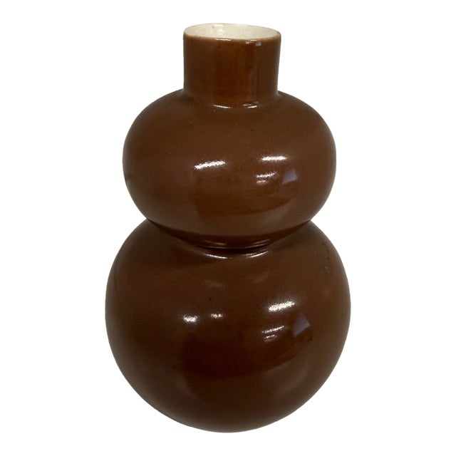 Antique Chocolate Brown Double Gourd Ceramic Glossy Glazed Mini Vase For Sale