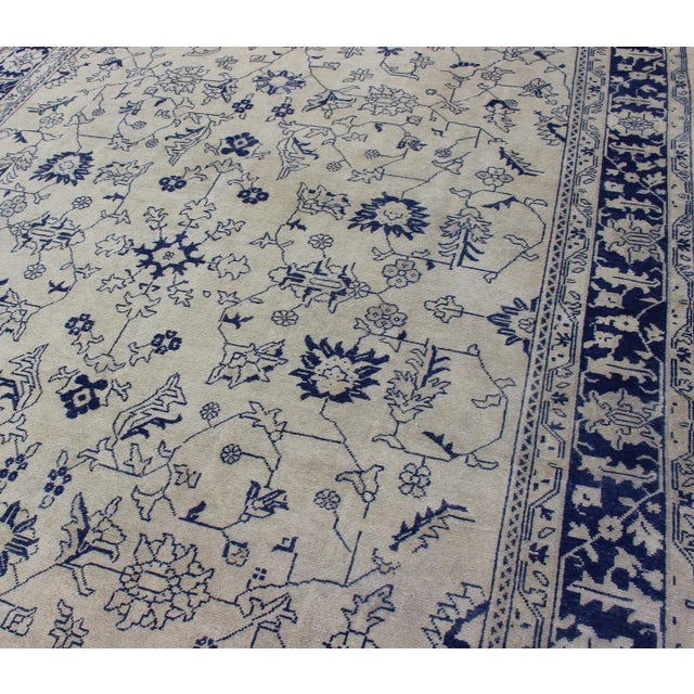 Mid 20th Century Floral Vintage Oushak in Blue and Cream With All-Over Design 8'0 X 10'7 For Sale - Image 5 of 13