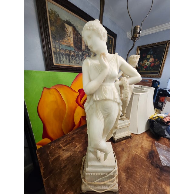 White Pair of Mid 20th Century Female Figural Marble/Alabaster Carved Table Lamps For Sale - Image 8 of 8