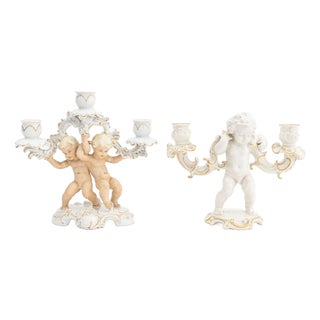 German Porcelain Cherub Candelabra, 2 For Sale