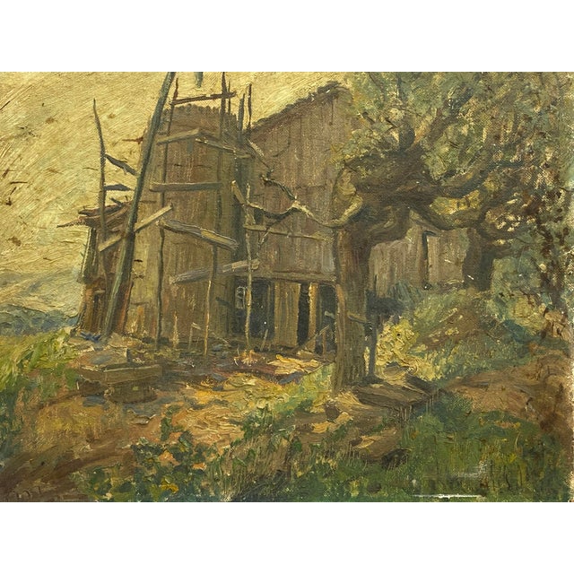 Expressive and dark, haunting European School oil painting on masonite board. The edifice is either being supported by...