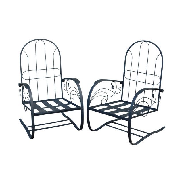Quality Pair Vintage Black Wrought Iron Spring Base Garden Lounge Chairs Chairish
