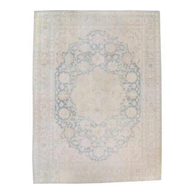 1920s Antique Medallion Beige Blue Hand Knotted Rug - 11’2” X 15’ For Sale