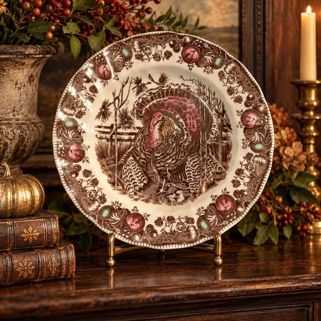 Ceramic Johnson Brothers “His Majesty” Turkey Transferware Thanksgiving Dinner Plate For Sale - Image 7 of 8