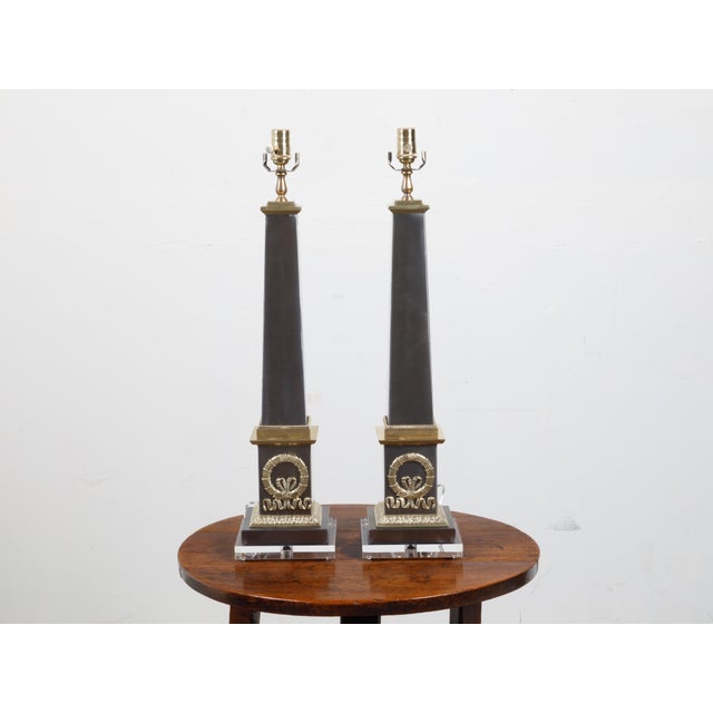 Mid-Century Modern Pair of French Midcentury Steel and Brass Truncated Obelisk Table Lamps For Sale - Image 3 of 10
