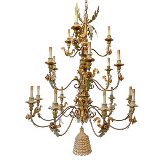 French Country Hand Painted Wood and Iron Chandelier For Sale