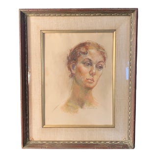 1958 Chalk and Crayon Portrait Drawing of a Young Woman by Artist J. Copelin, Framed For Sale