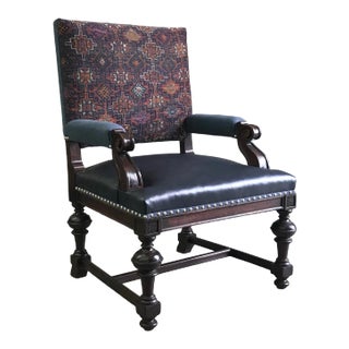 1920s Oak Leather Linen Armchair Reupholstered For Sale